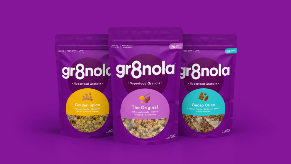 Gr8nola packaging design with bold number 8 motif across granola bags