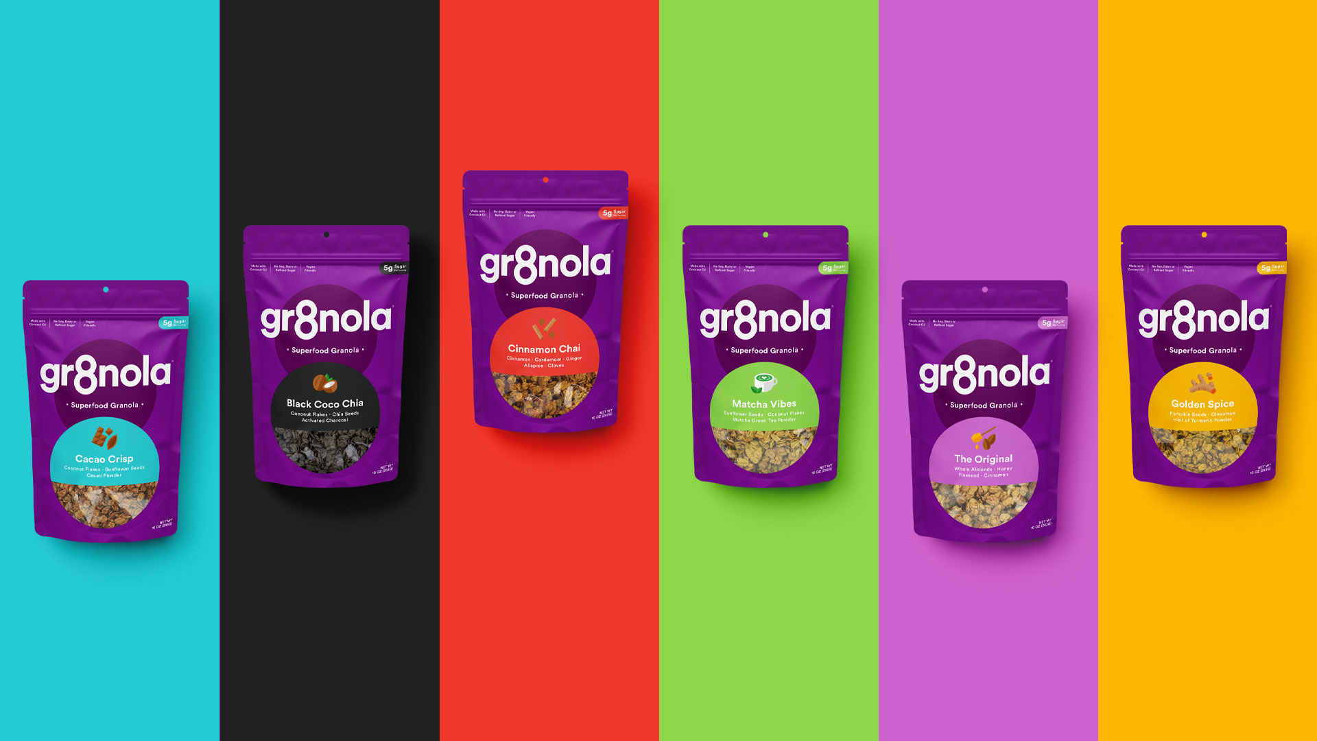 Gr8nola packaging design system across multiple product flavours