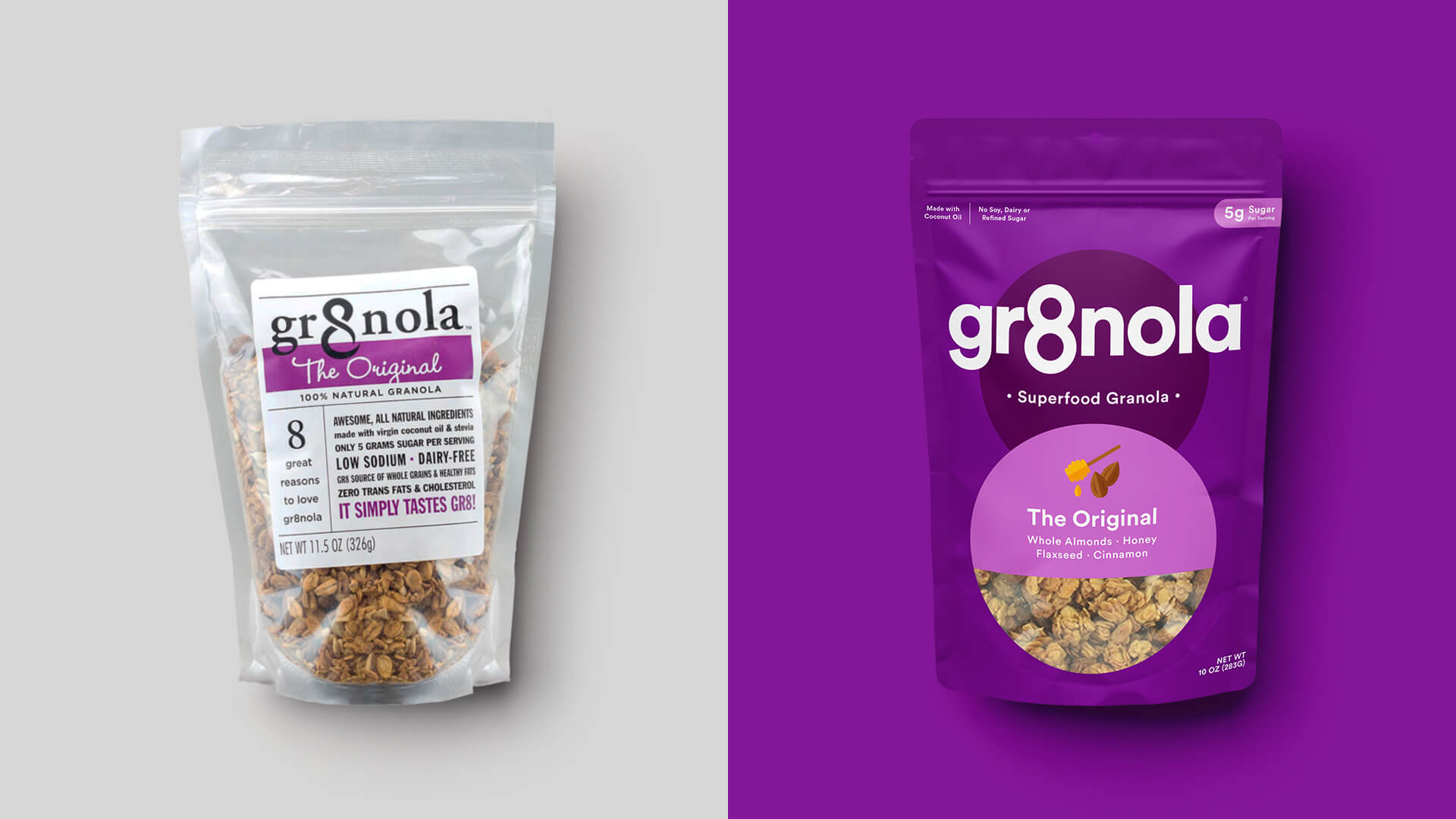 Gr8nola packaging design complete rebrand overview showing new visual identity