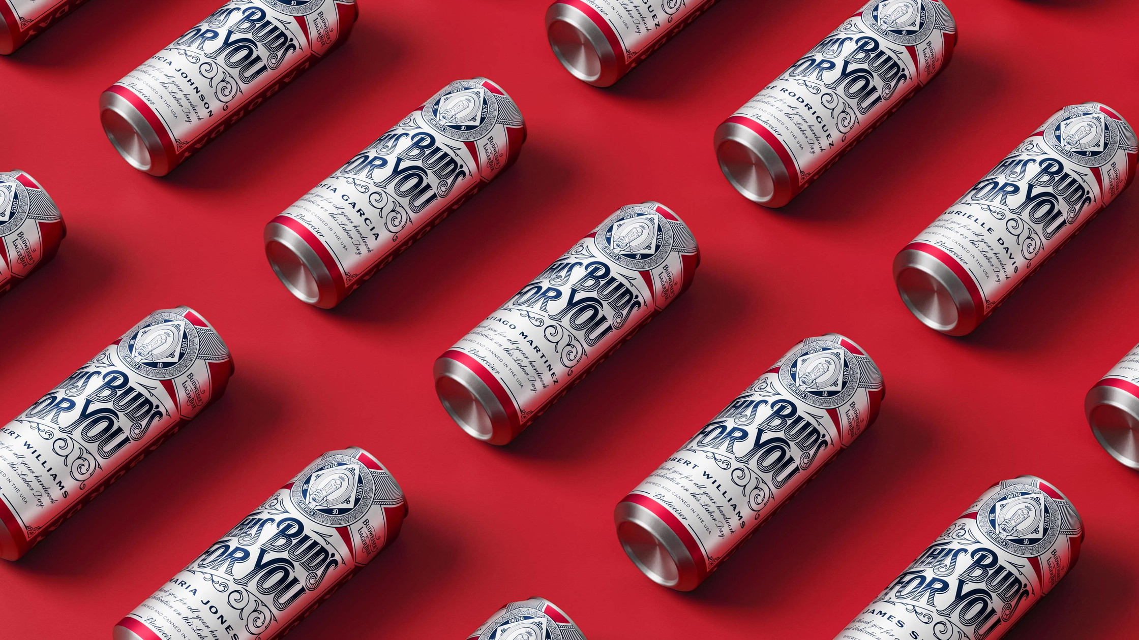 Budweiser Raise a Bud packaging design showing multiple limited-edition personalised cans