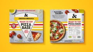 Crosta and Mollica Italian pizza base packaging design in brand stripe system
