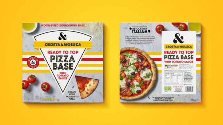 Crosta and Mollica Italian pizza base packaging design in brand stripe system