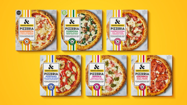 Crosta and Mollica chilled Italian pizza packaging with heroic overhead photography