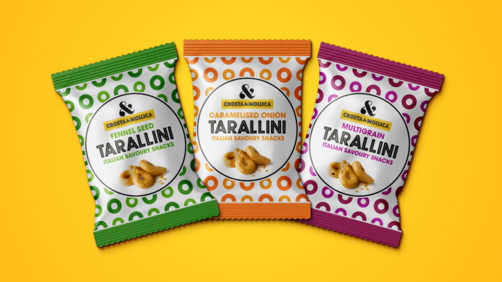 Crosta and Mollica Italian snack packaging design with ampersand logo