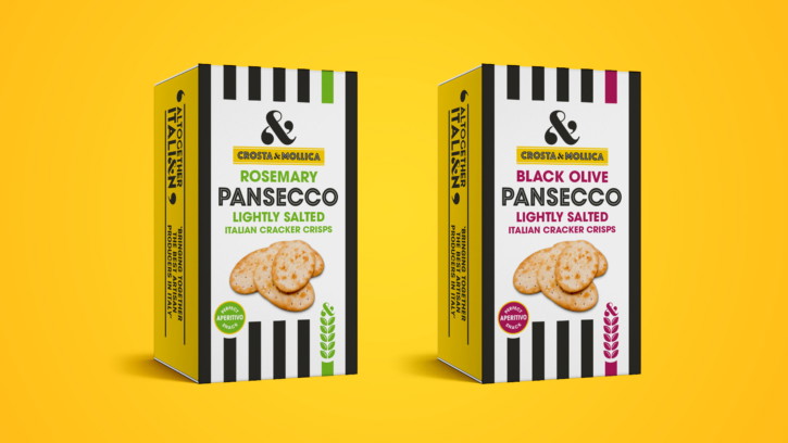 Crosta and Mollica on-the-go Italian snacks packaging with brand stripes