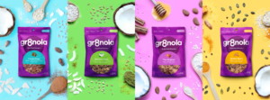 Gr8nola Minis snack packaging design banner showing on-the-go format