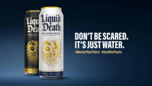 Liquid Death canned water packaging showing irreverent punk-rock tone of voice