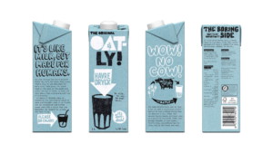 Oatly oat milk packaging showing playful Wow no cow tone of voice