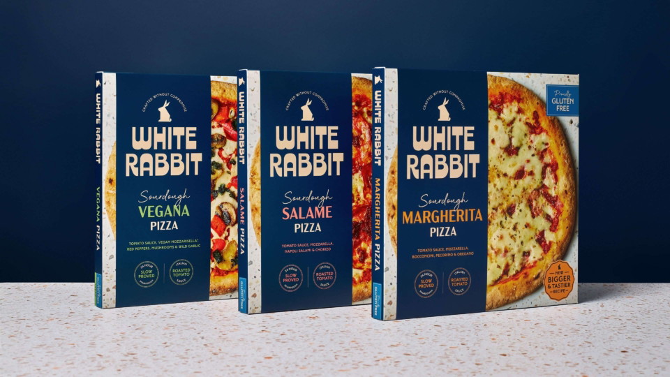 White Rabbit Pizza Co. packaging design showing redesigned pizza range in premium navy blue