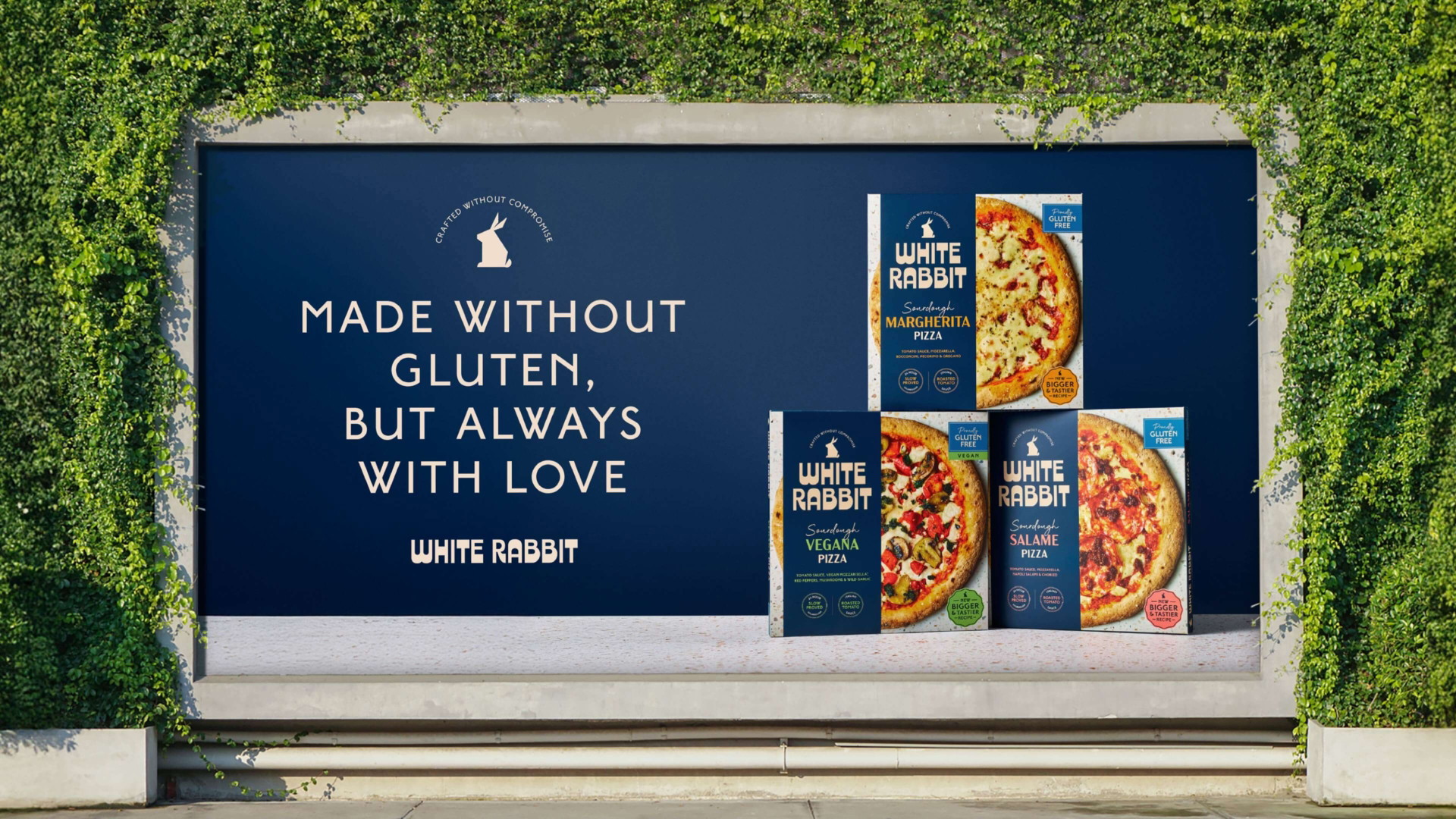 White Rabbit Pizza Co. packaging design for gluten-free pizzas in final retail format