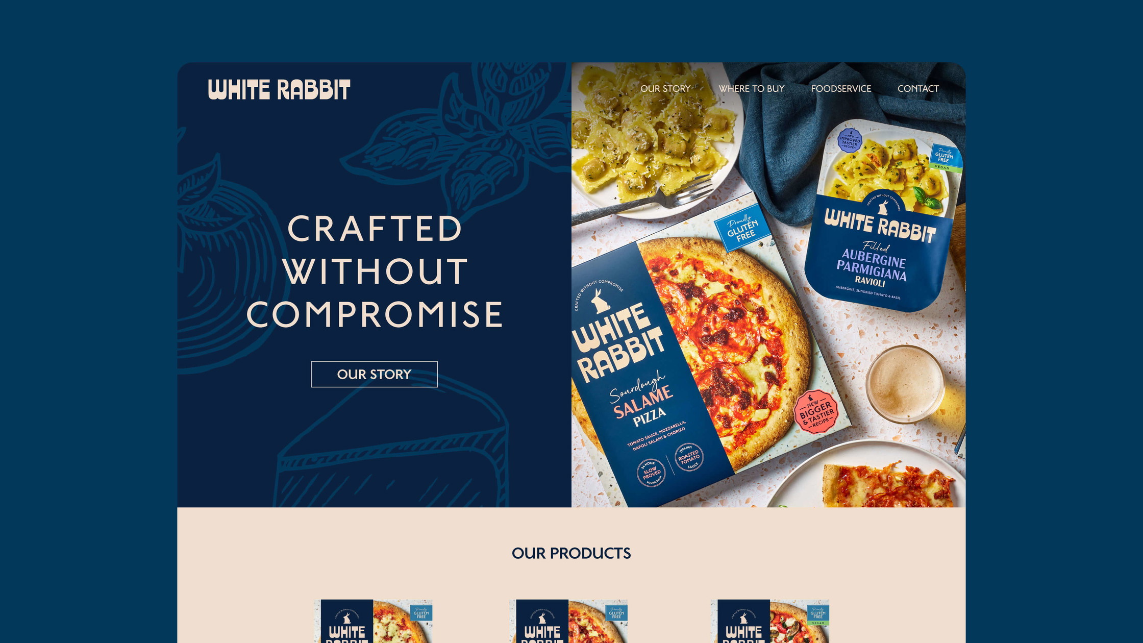 White Rabbit Pizza Co. packaging design displayed in retail context