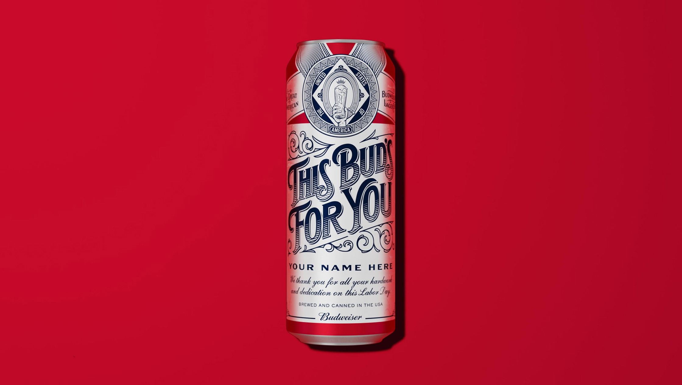 Budweiser Raise a Bud packaging design with personalised Labor Day cans and bespoke typography