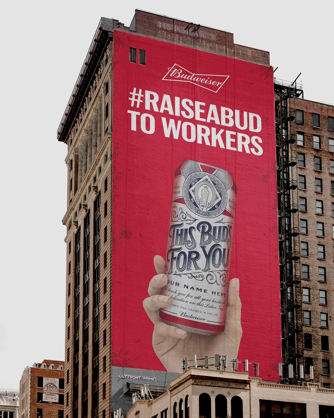 Budweiser Raise a Bud personalised Labor Day can with worker's name in hero position