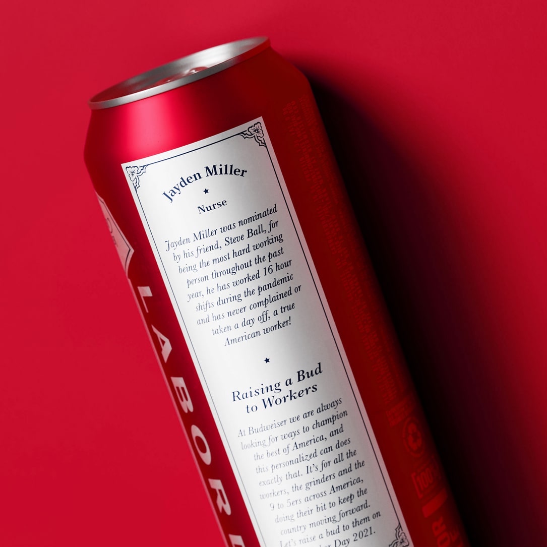Budweiser Raise a Bud packaging design detail showing This Buds For You typography treatment