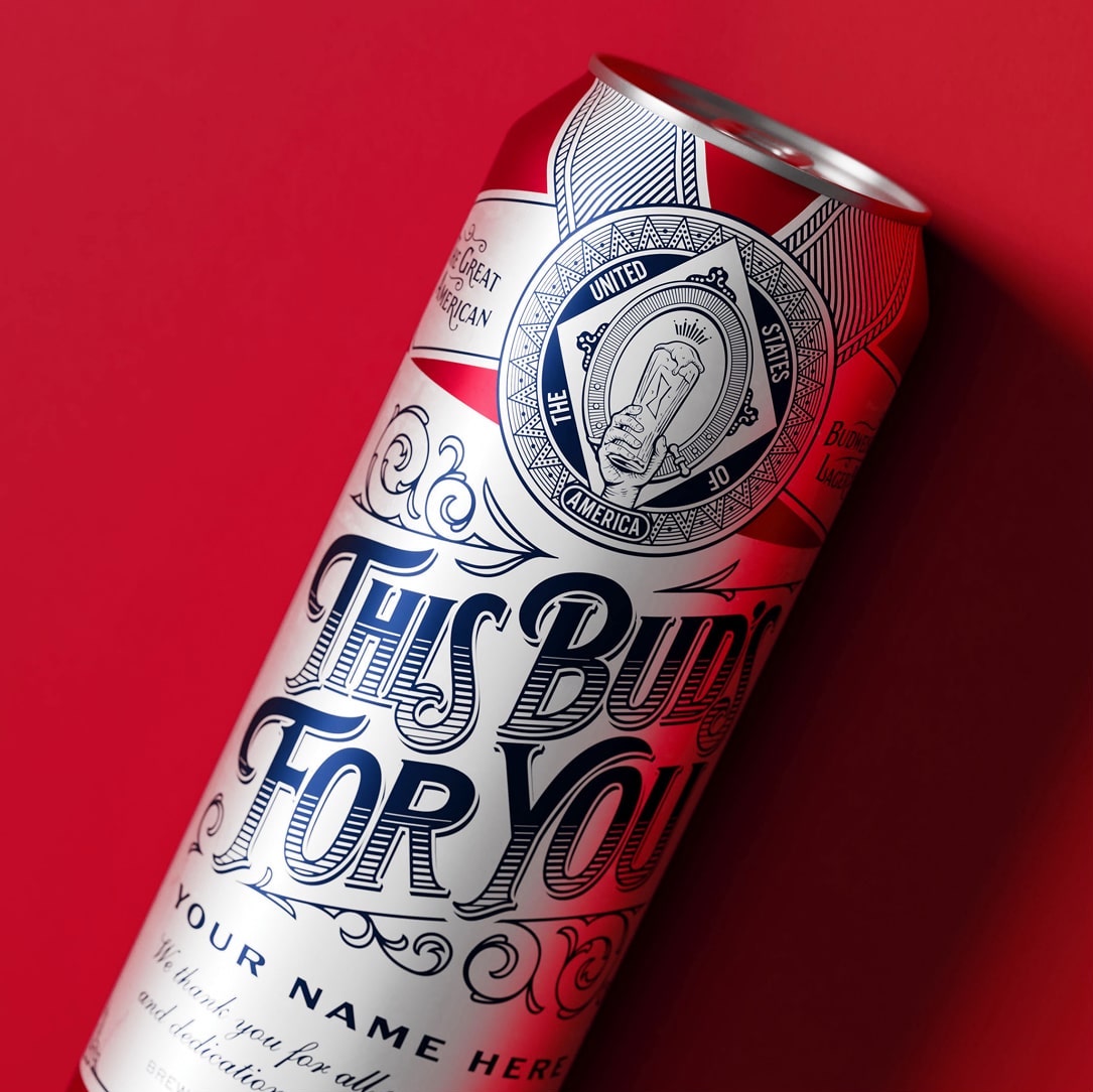 Budweiser Raise a Bud packaging design with reworked medallion insignia and custom beer glass