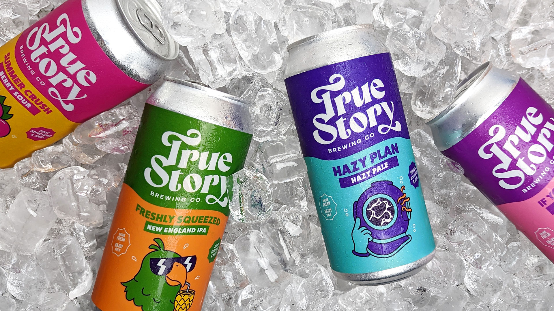 True Story Brewing Co. packaging design beer cans chilled on ice
