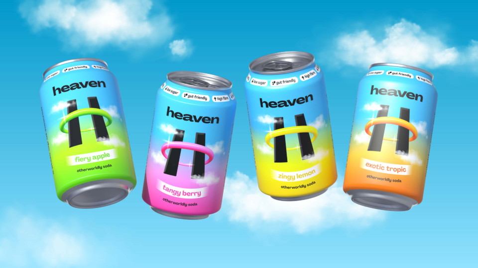 Heaven gut-friendly soda brand identity and packaging design with bold colourful can flavours