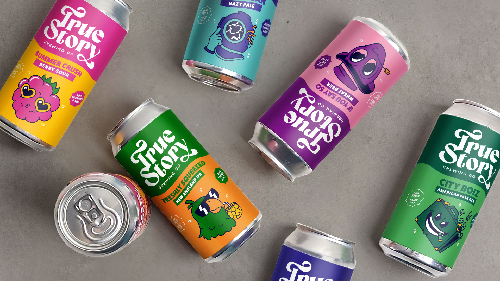 True Story Brewing Co. packaging design craft beer cans showing range of illustrated designs