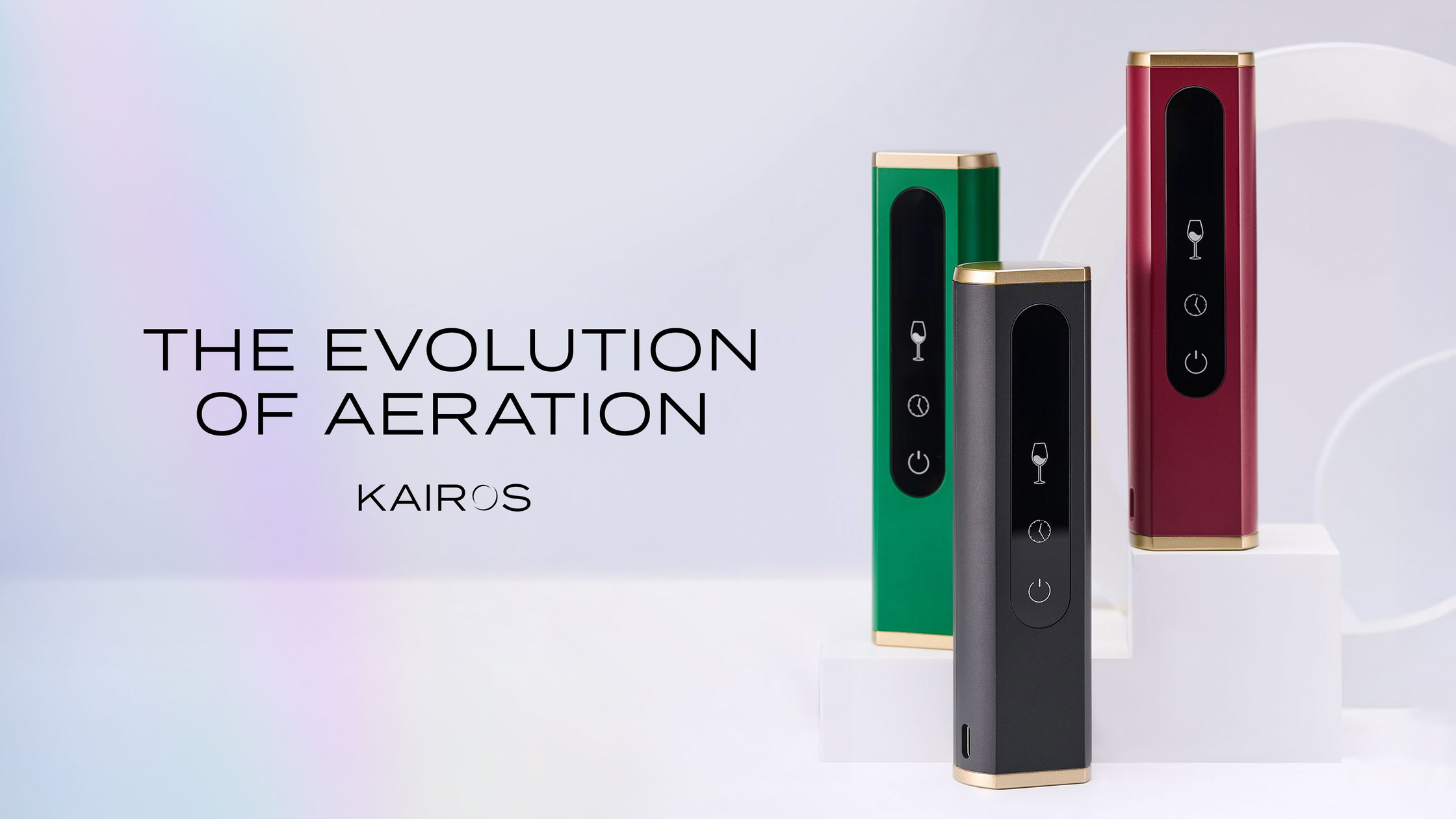 Kairos brand identity with three wine aerators displayed from multiple angles