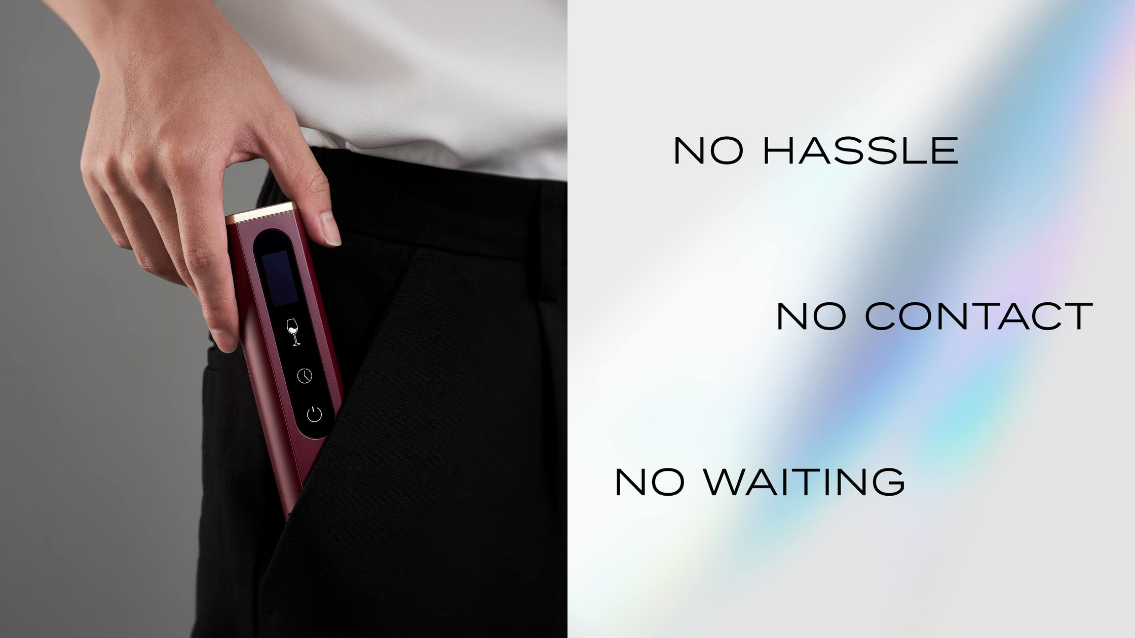 Kairos brand identity showing wine aerator at pocket size demonstrating portability