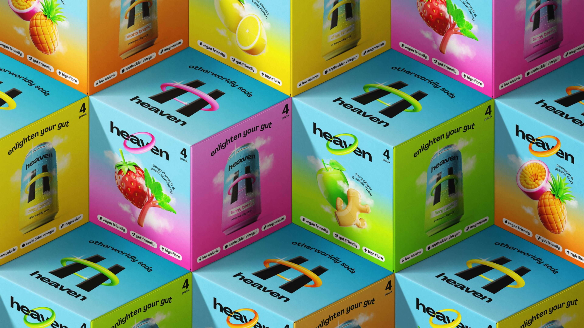 Heaven packaging design with soda cans stacked in branded multipack boxes