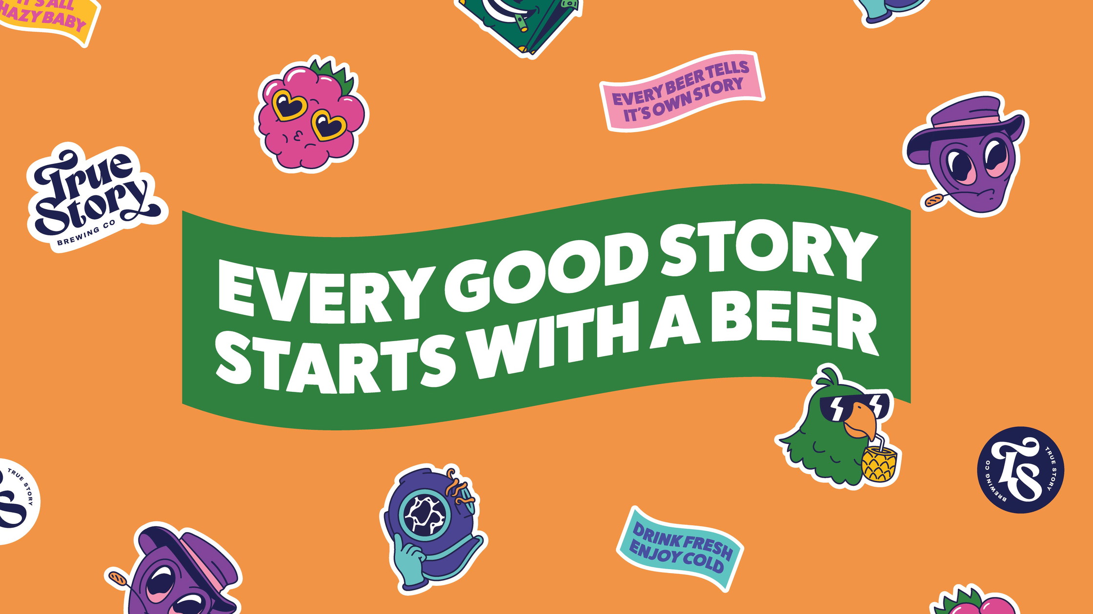 True Story Brewing Co. brand identity tagline sticker designs
