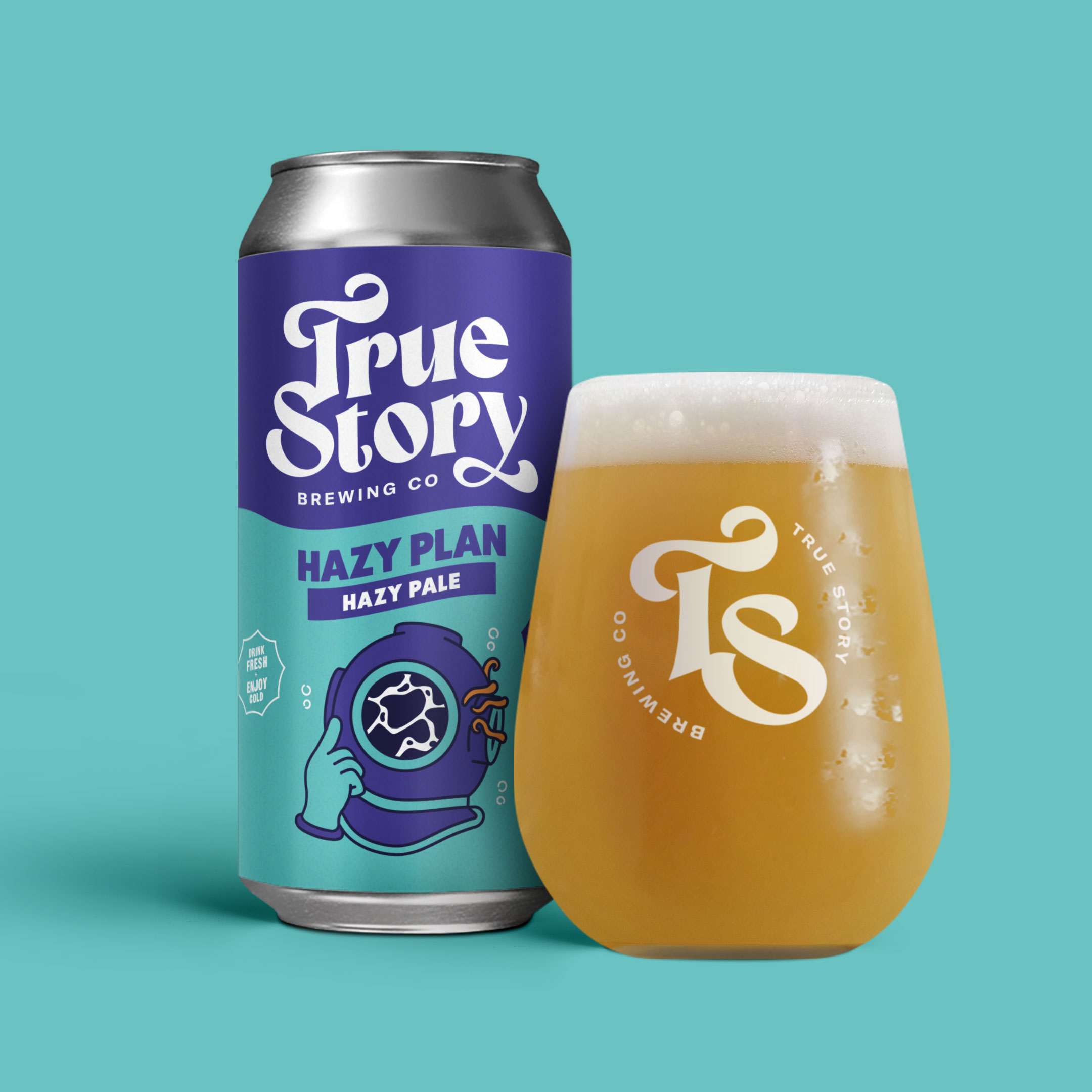 True Story Brewing Co. packaging design beer can and glass pour shot