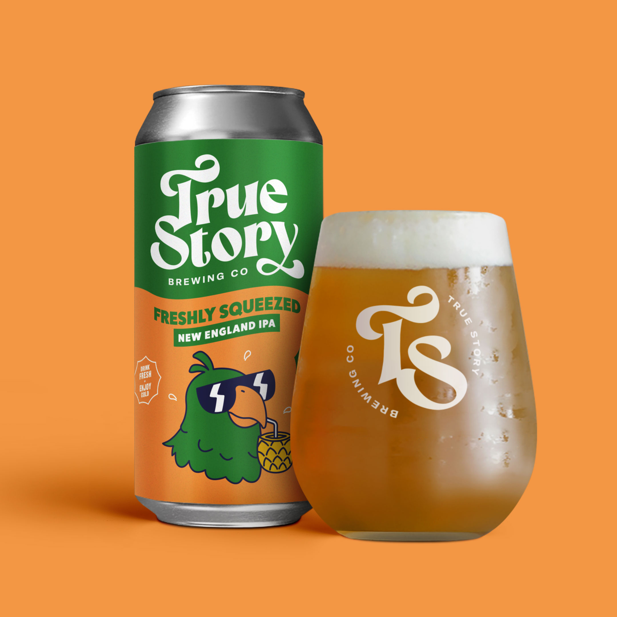 True Story Brewing Co. packaging design beer can and glass pour shot second variety