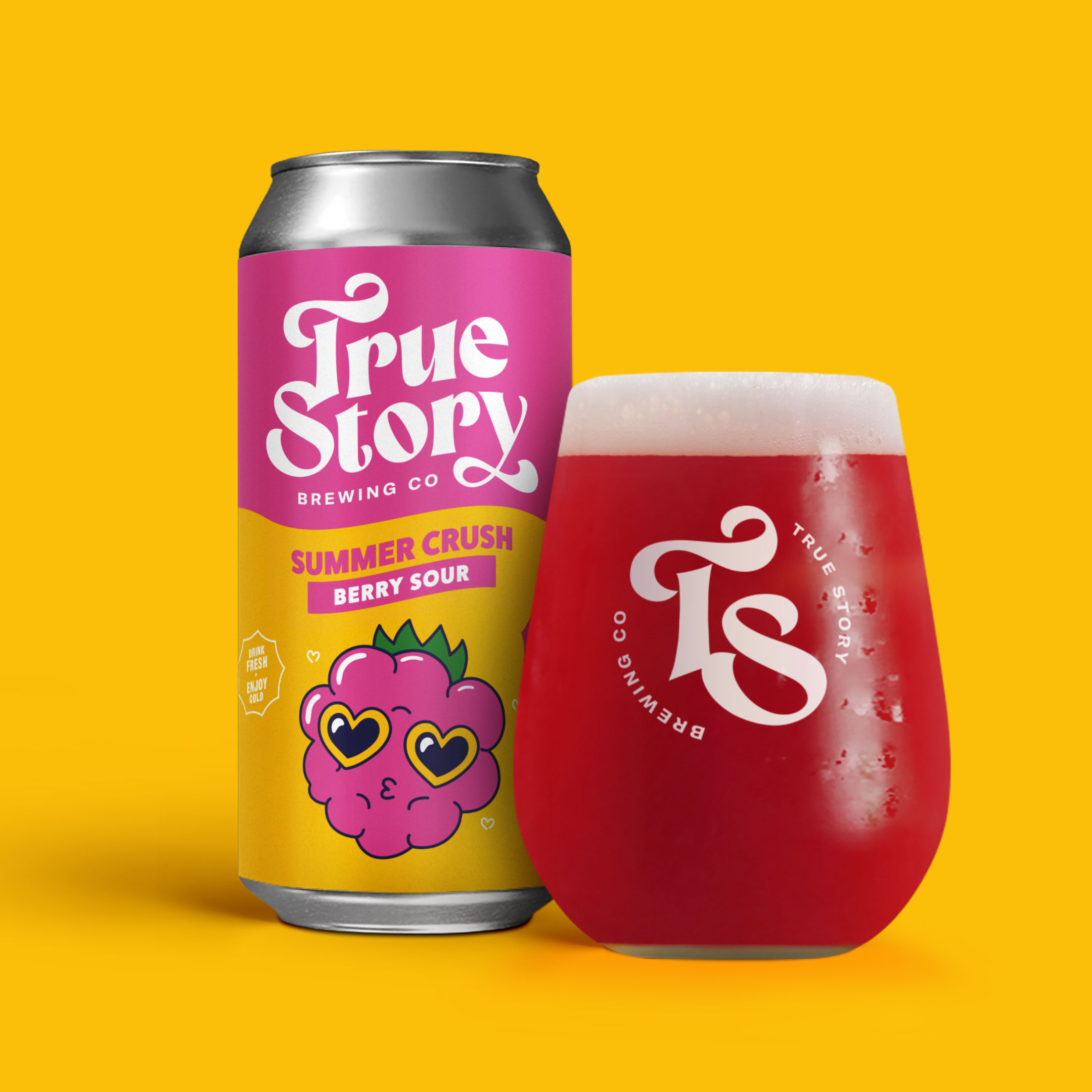 True Story Brewing Co. packaging design beer can and glass pour shot third variety