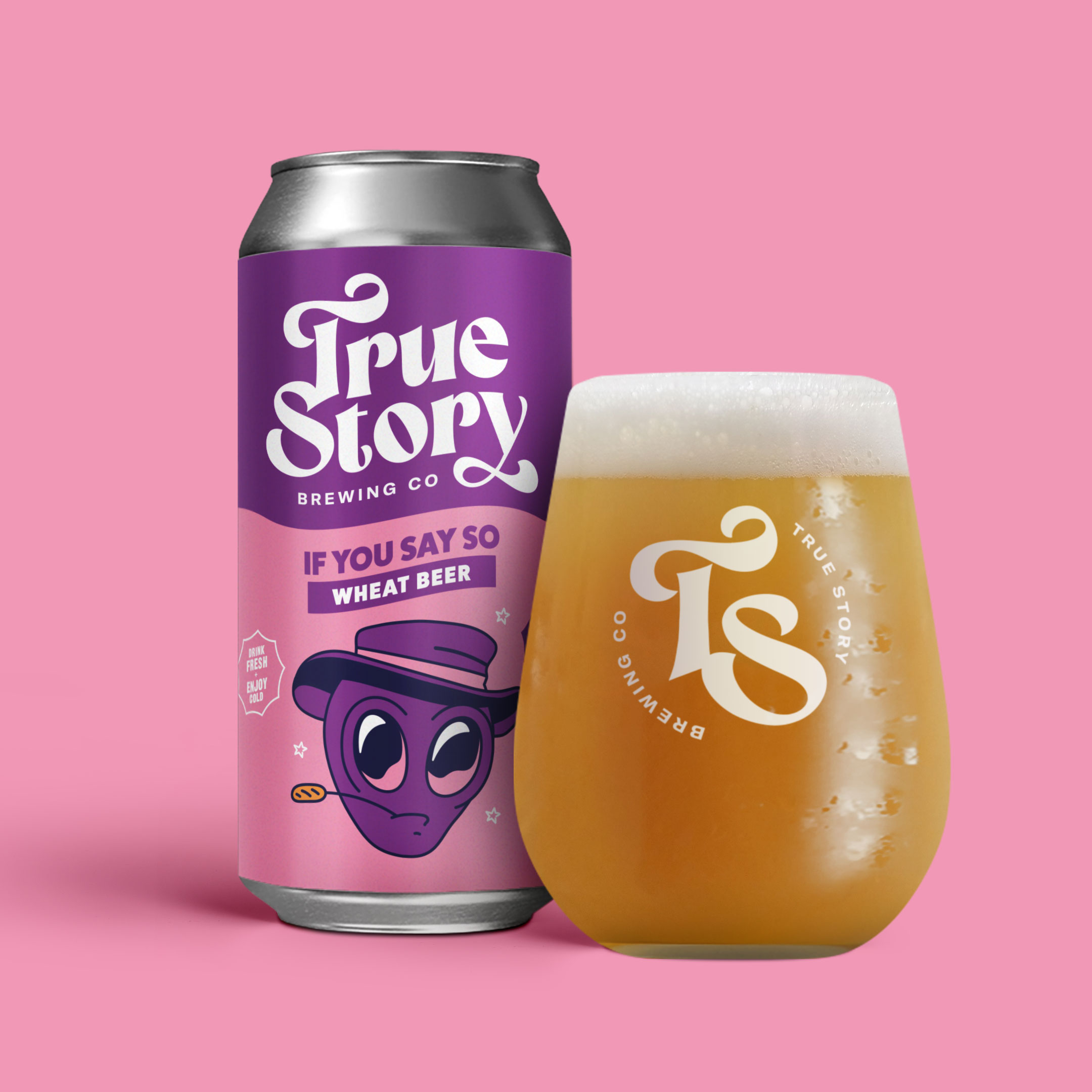 True Story Brewing Co. packaging design beer can and glass pour shot fourth variety