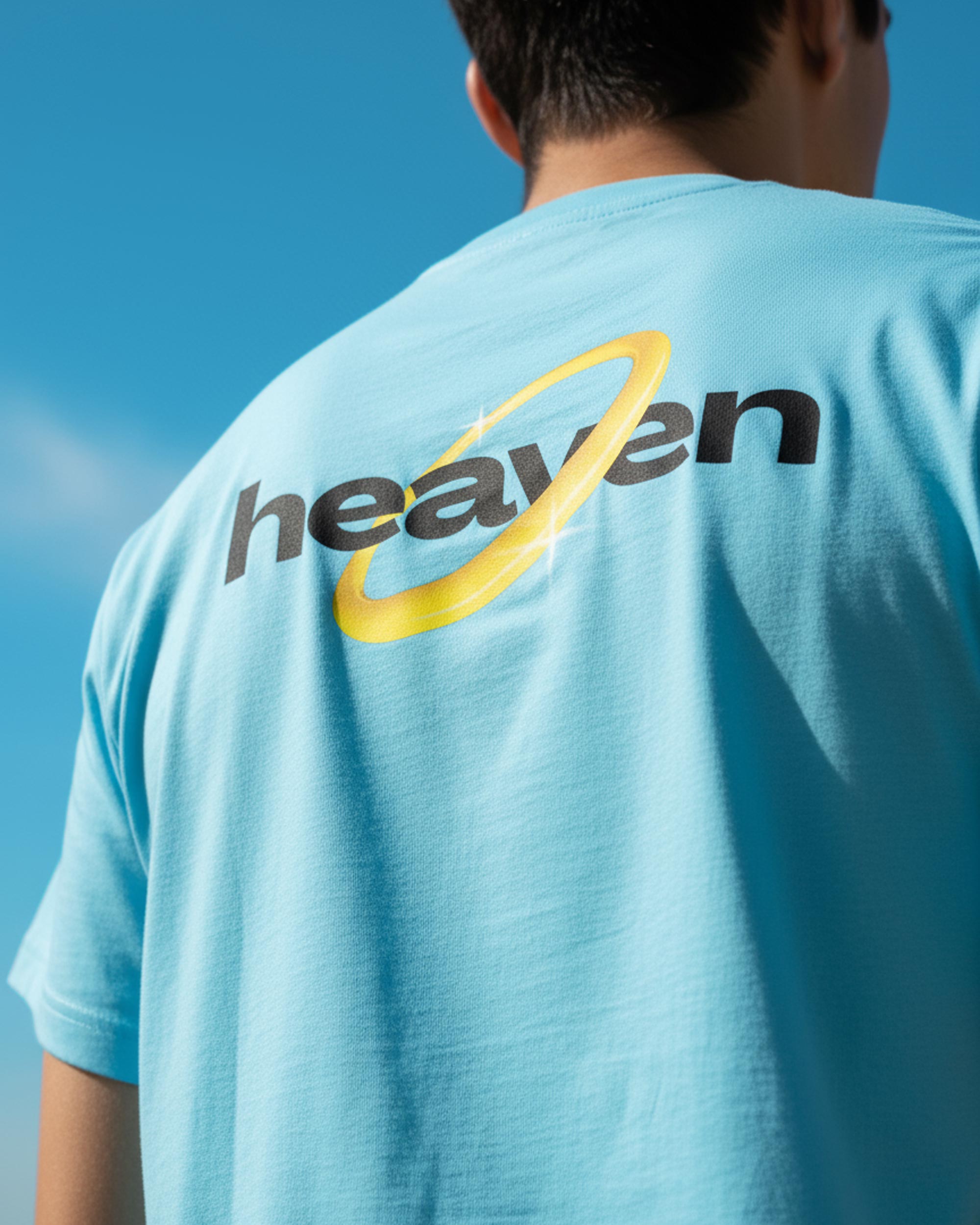 Heaven brand identity applied to t-shirt merchandise