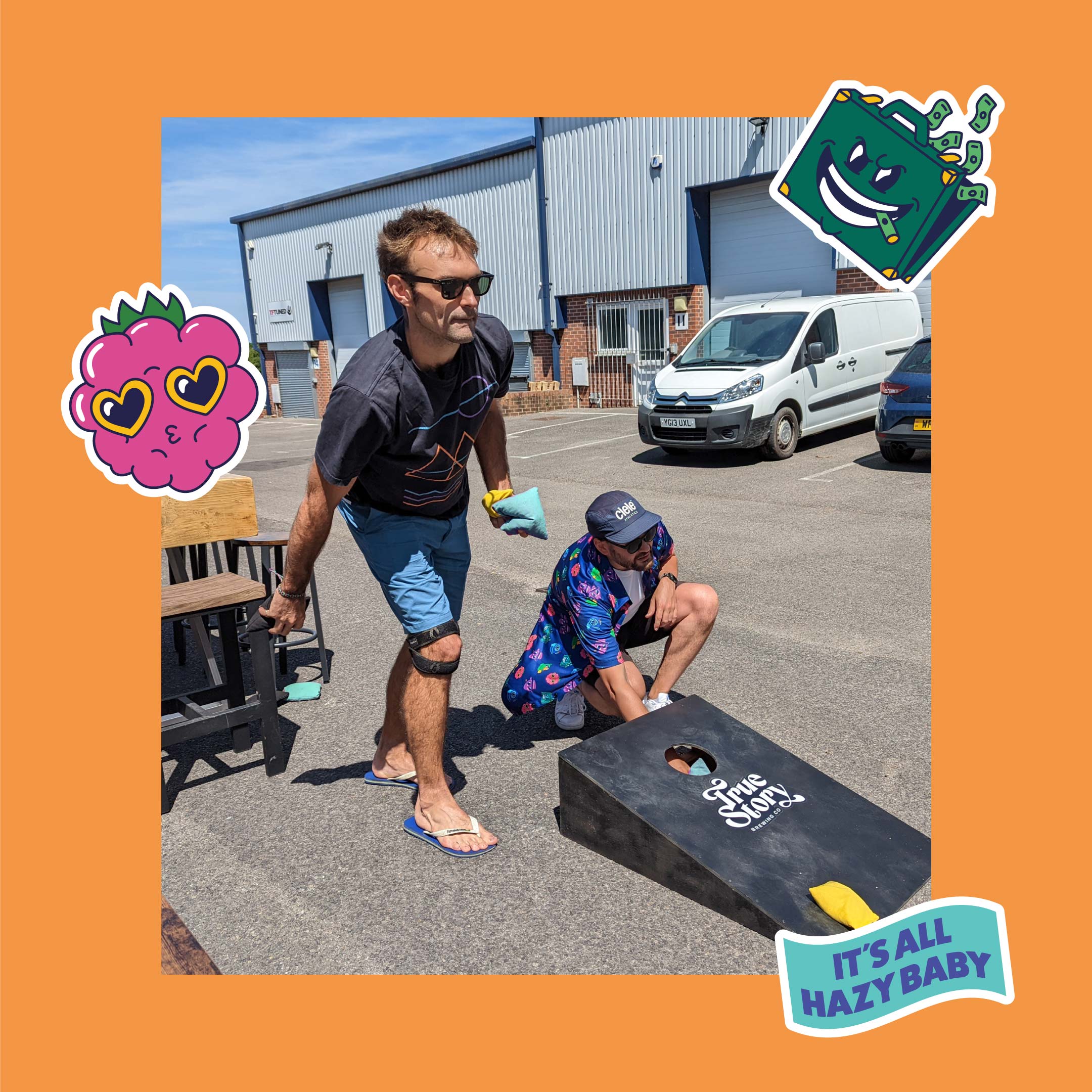 True Story Brewing Co. brand identity cornhole board