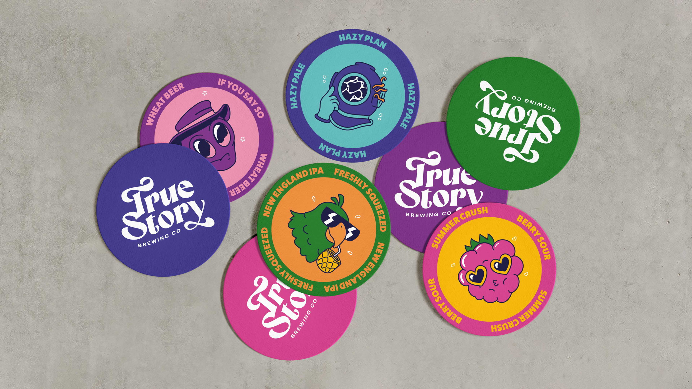 True Story Brewing Co. brand identity beer coasters