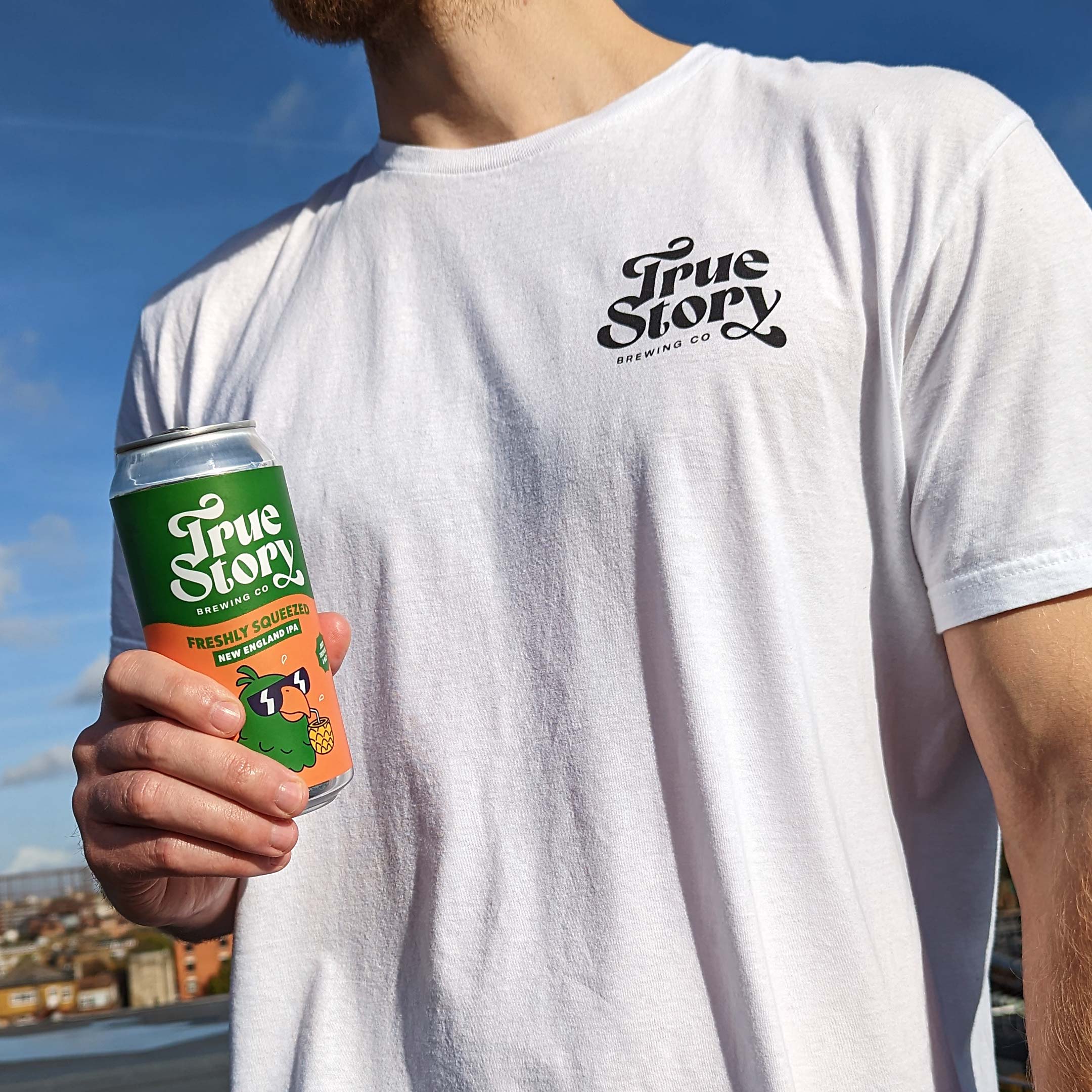True Story Brewing Co. brand identity t-shirt displayed with beer can