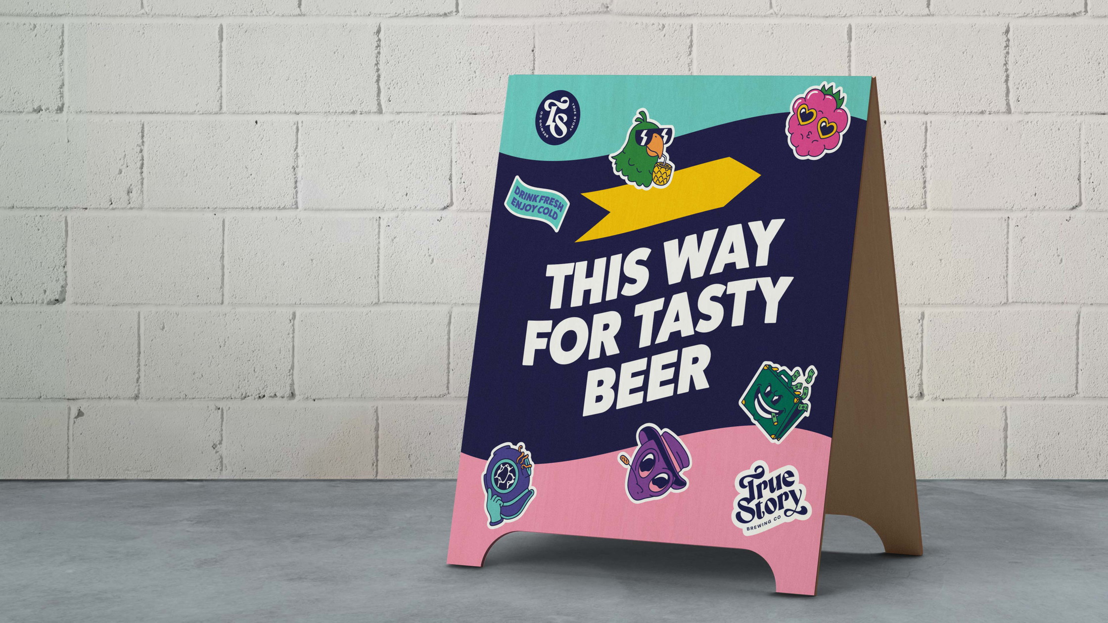 True Story Brewing Co. brand identity A-frame signage