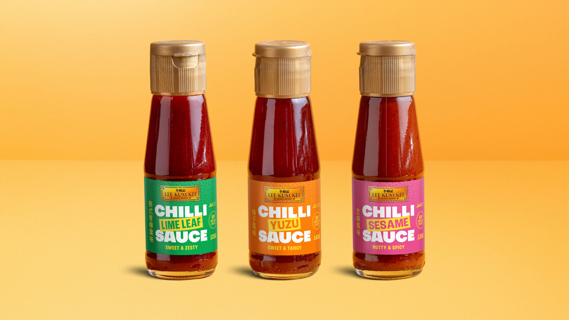 Lee Kum Kee chilli sauce packaging design with golden plaque logo and dual-language naming