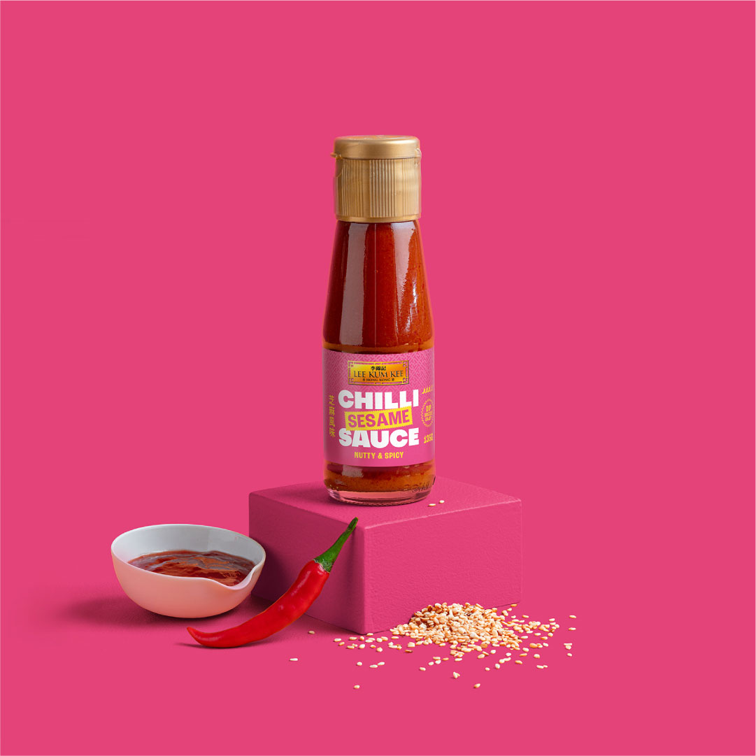 Lee Kum Kee chilli sauce packaging design with bold jagged badges and vibrant colours