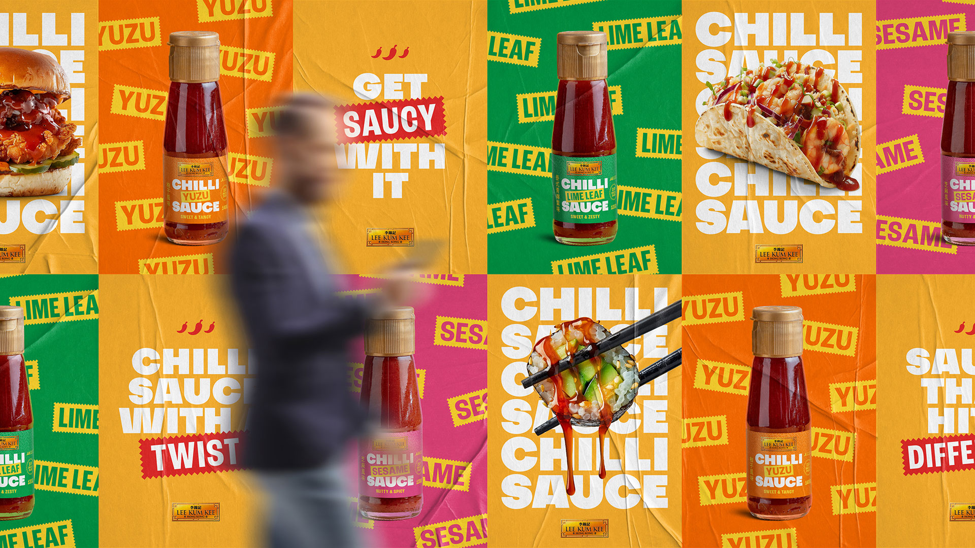 Lee Kum Kee chilli sauce fly poster advertising with food photography