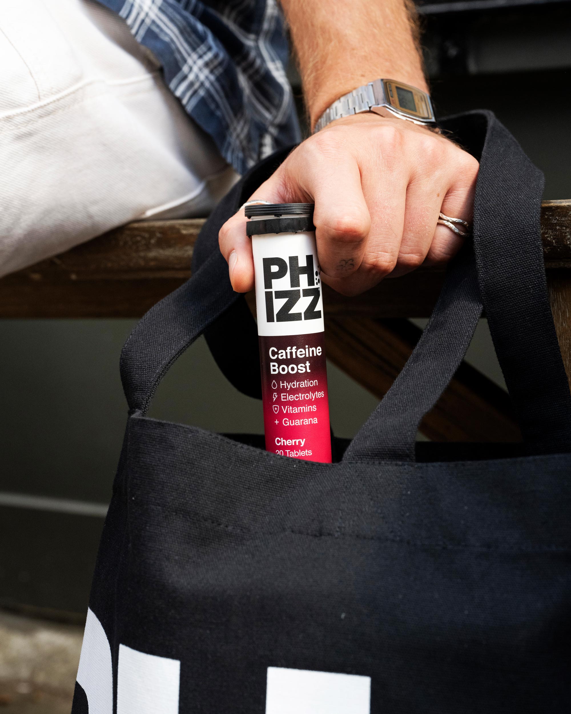 Phizz brand identity Caffeine Boost branded tote bag