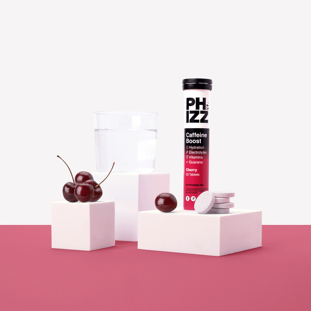Phizz hydration tablet dissolving with liquid droplet animation
