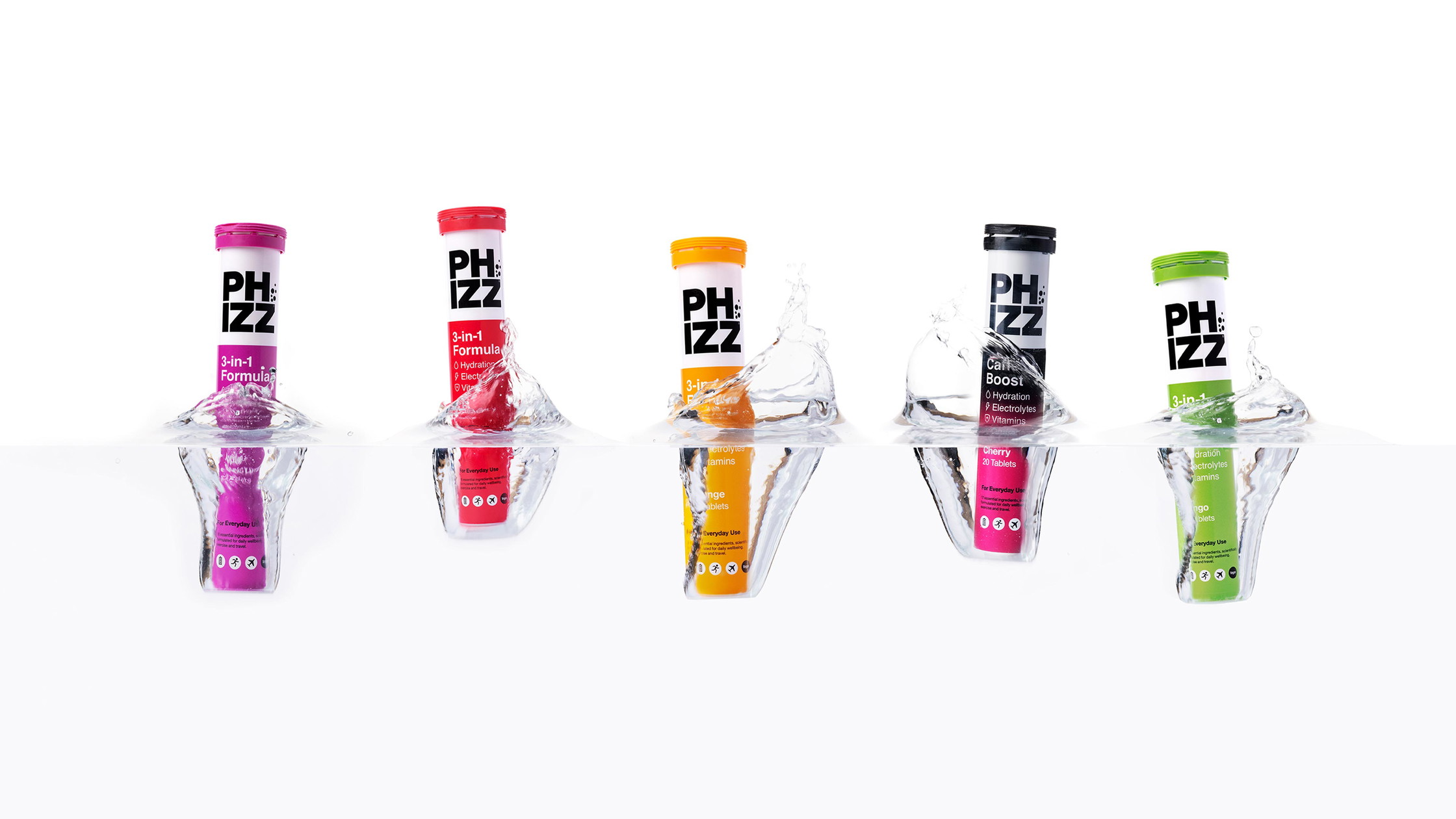 Phizz packaging design full product range with dynamic splash photography