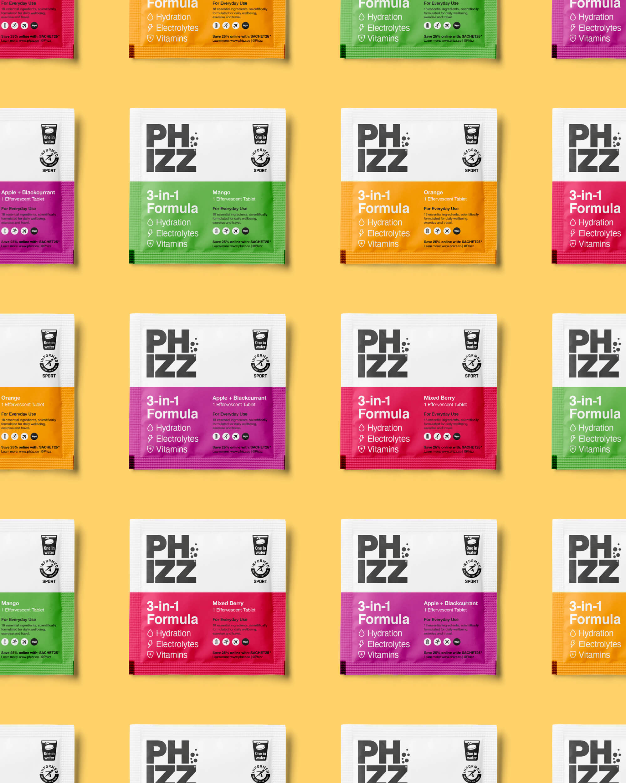 Phizz packaging design with hydration sachets arranged in grid