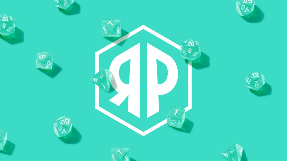 Roll and Play Press brand identity featuring twenty-sided dice in signature teal