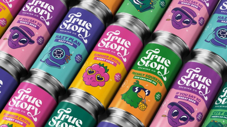 True Story Brewing Co. packaging design illustrated craft beer cans overhead flat lay