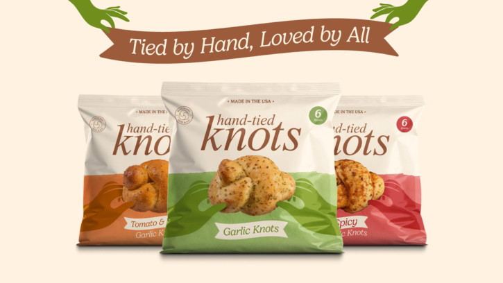 Hand-Tied Knots packaging design with illustrated hands and hero knot photography