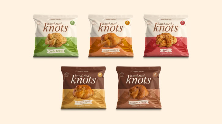 Hand-Tied Knots packaging design range across sweet and savoury flavour variants