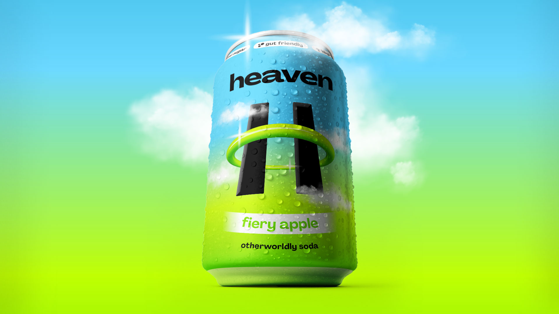Heaven apple flavour soda can packaging design in brand landscape format