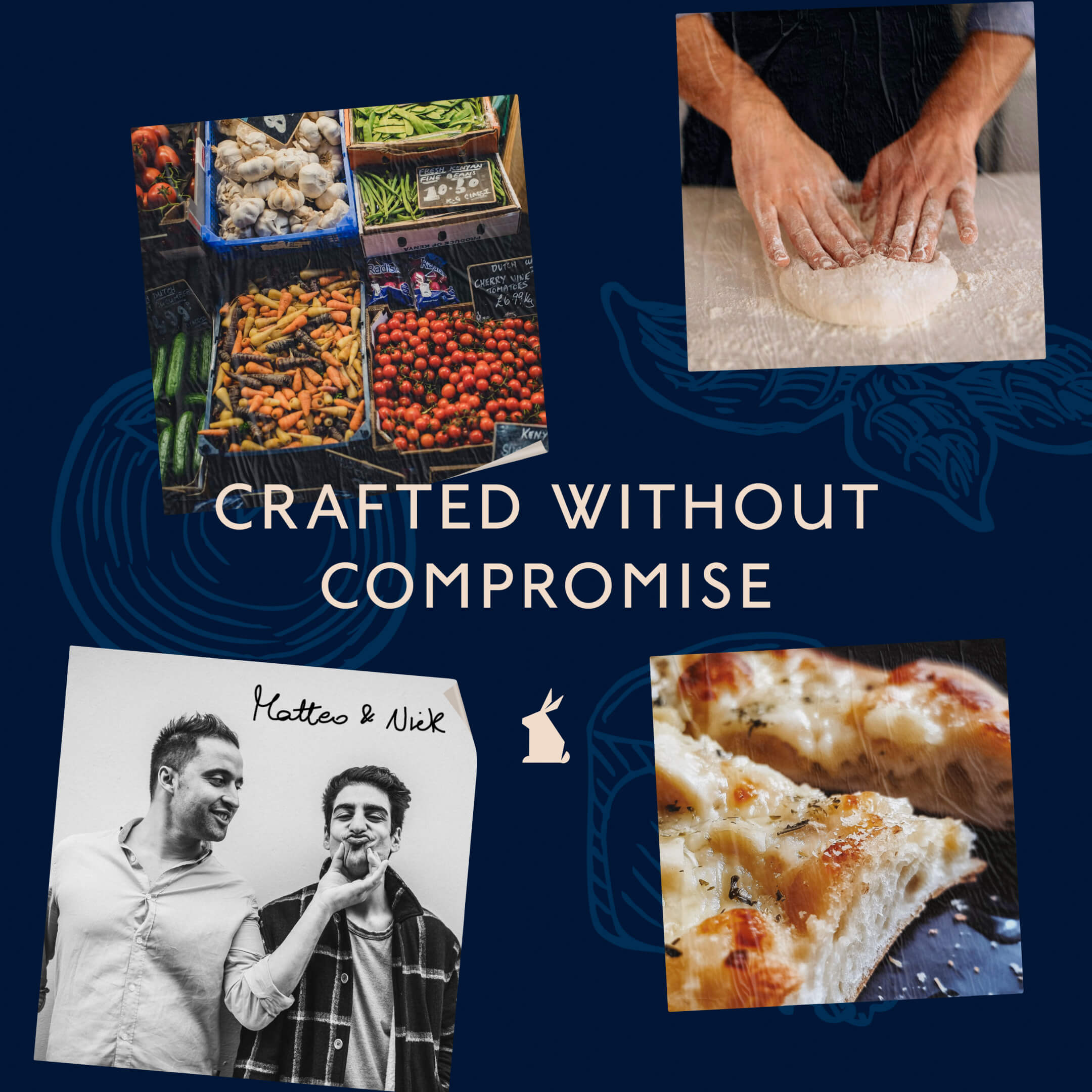 White Rabbit Pizza Co. Crafted Without Compromise tagline in brand navy palette