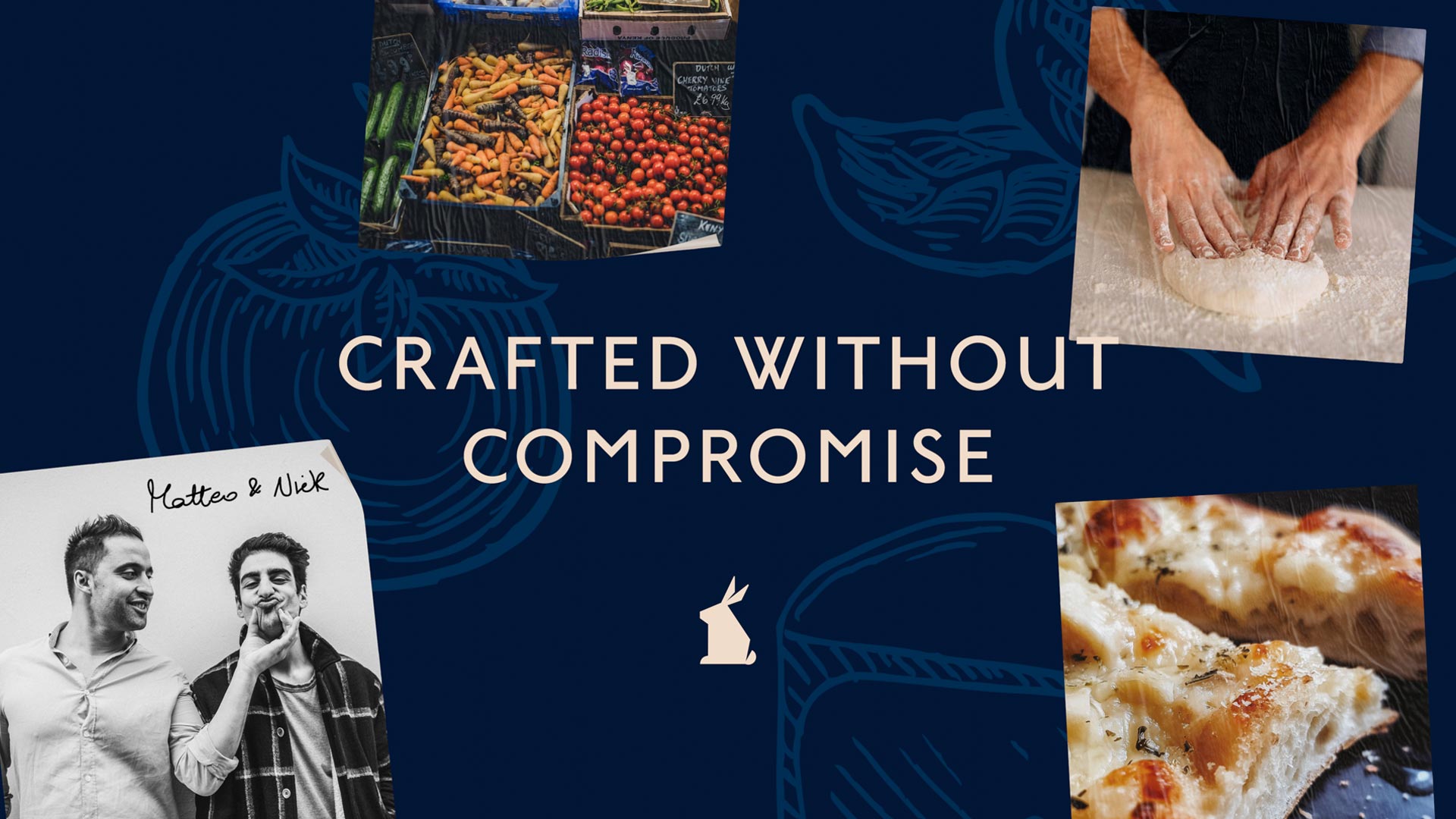 White Rabbit Pizza Co. Crafted Without Compromise tagline banner
