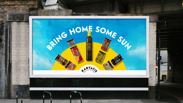Karyatis brand campaign showing packaging range architecture with textured blue sky background and sunny graphic device
